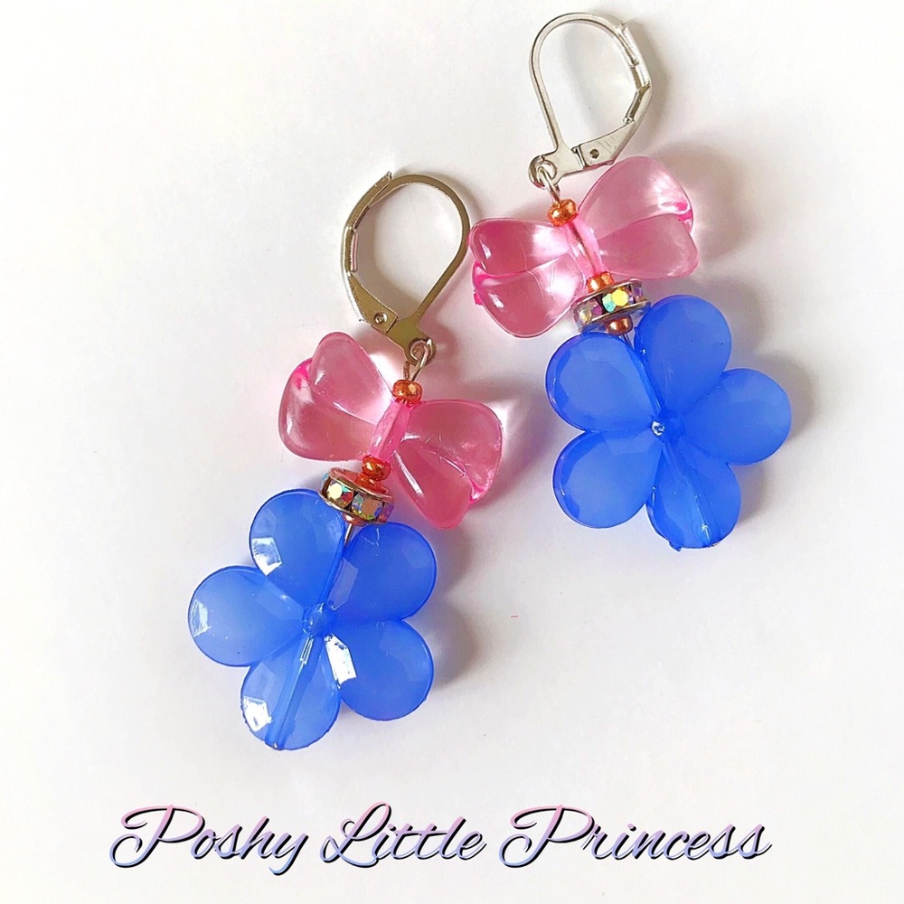 Flower Bow Dangle Earrings ~ Pink/Blu